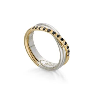 Anello 3 Fili in Oro Giallo e Argento con Diamanti Neri - Classic - AN8AGBN